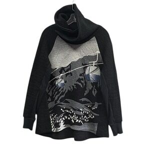 Tonia Debellis Ski Scene Cowl Neck Novelty Tunic Sweater‎ Cozy Winter Graphic M